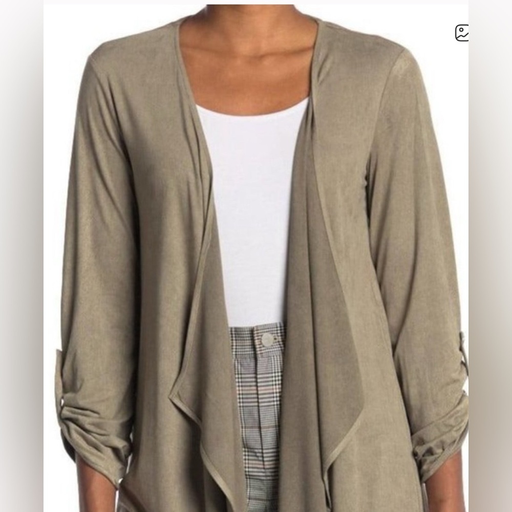 TAHARI Faux Suede Tab Sleeve Draped Cardigan in Basil NWOT - Picture 2 of 12